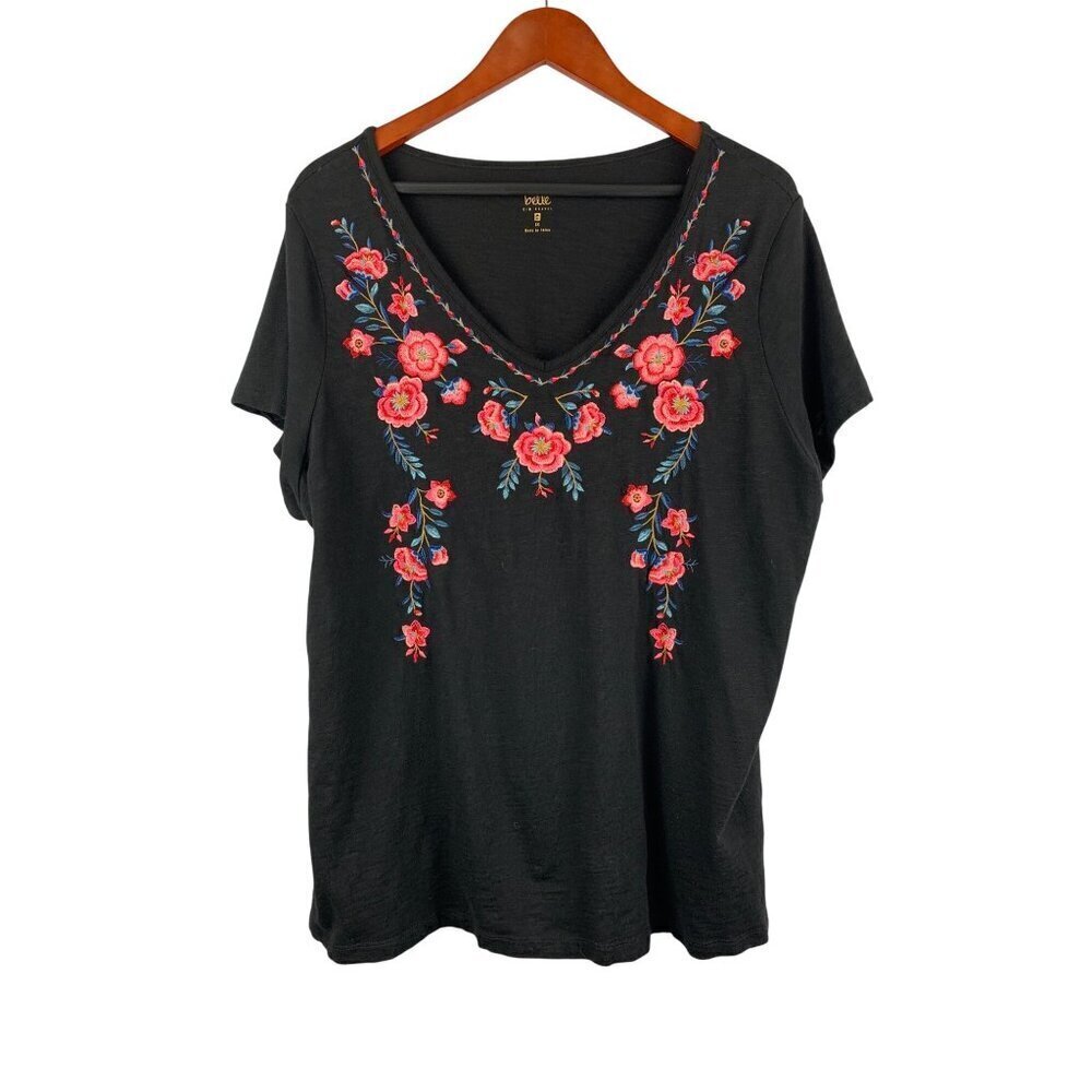 Belle By Kim Gravel Floral Embroidered V-Neck Black Top 1X